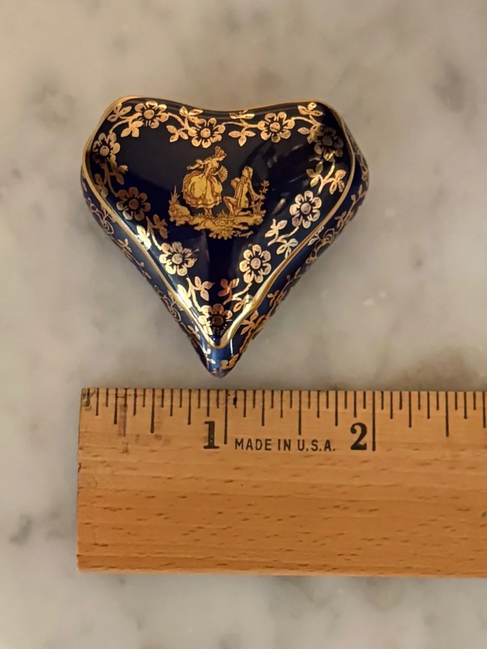 Vintage Limoges France Courting Couple Heart Shaped Cobalt Blue Trinket Box